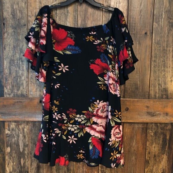 Luxe Apothetique S NWT Black Red Large Floral Mini Flowy Ruffle Light Dress - Picture 2 of 9
